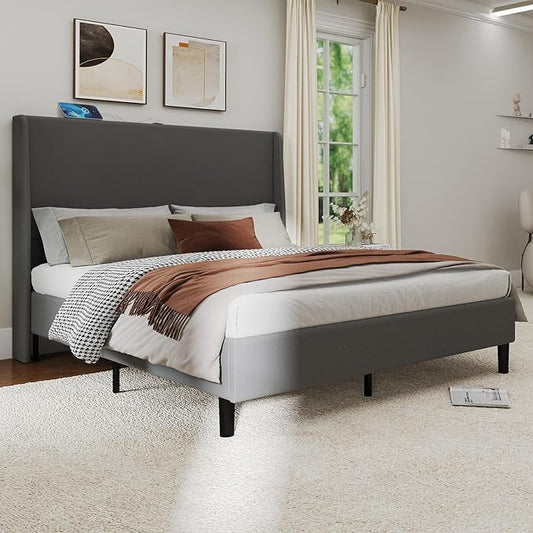 GTPLAYER King Size Bed Frame, Upholstered Platform Bed Frame with USB Type-C Tall Headboard Wingback, Soft Velvet Fabric, No Box Spring Needed, Easy Assembly, Misty Grey