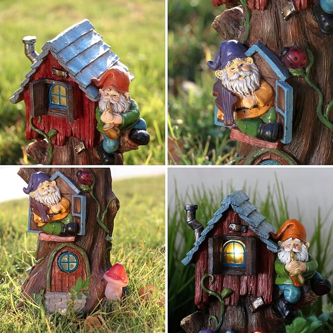 TERESA'S COLLECTIONS 11" Tall Large Garden Statues Gnome Treehouse with Solar Outdoor Light, Dad Gifts for Men,Resin Garden Decor Lawn Ornaments for Patio Yard Decor Gifts for Dad and Mom
