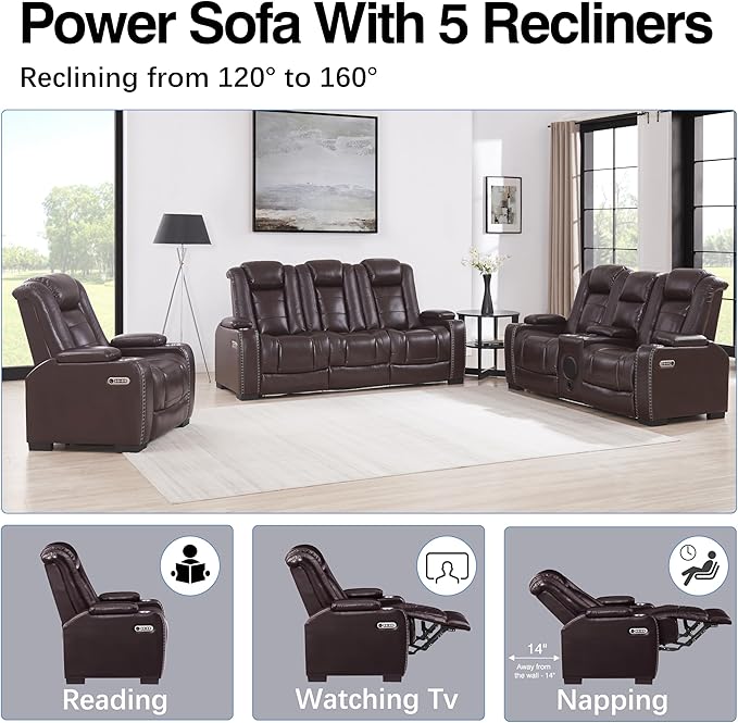 THSUPER Power Brown Leather Recliner Sofa for Living Room Furniture Sets with Arm Storage and Power Headrest, Leather Living Room Reclining Couch Set with Wireless Charge and Bluetooth Speaker. | Breathable material, LED ambient light, Reading light, H...