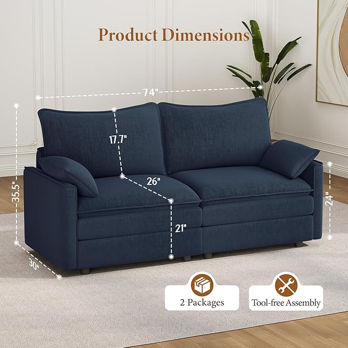 Vesgantti 74" Loveseat Sofa for Living Room, Comfy Cloud Couch Deep Seat Chenille Modern 2 Seater Small Sofa with Armrest Pillow, Easy Assembly for Small Spaces, Blue | Sink-in Comfort, Height Adjustable, Easy Rearrangement, Extra-deep Ottoman, Solid W...