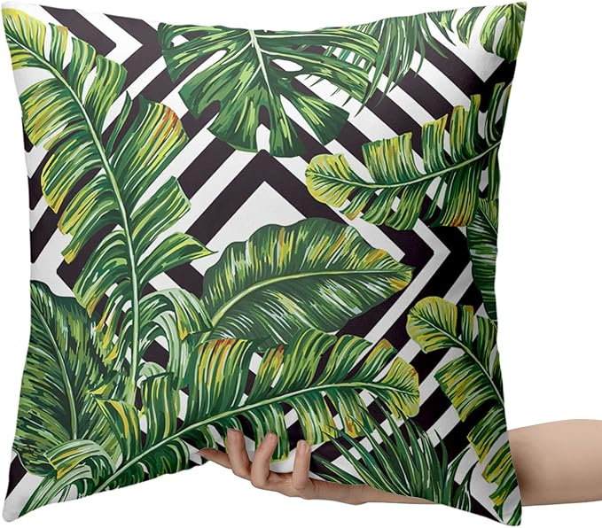 2 Pack Summer Tropical Green Leaves Pillow Covers Jungle Banana Tree Throw Pillow Covers Black and White with Geometric Cushion Covers Beach Decor for Couch Bed 24x24