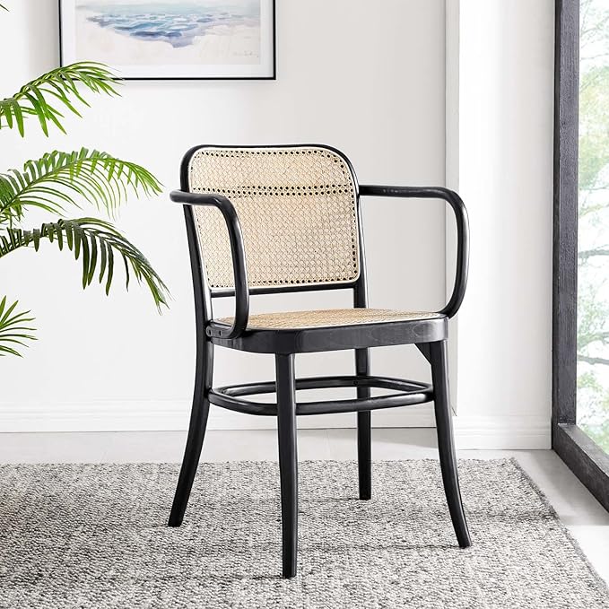 Modway Winona Elm Wood Cane Rattan Seat, Dining Chair - Set of 2, Black