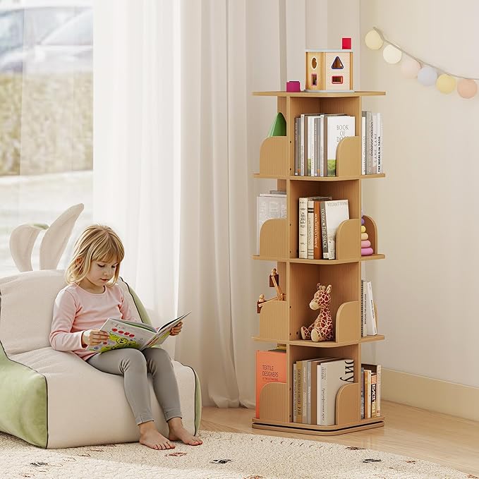 Rotating Bookshelf, 4 Tier Spinning Bookshelf Tower for Small Space, Kids Bookshelves 360 Display, Revolving Bookcase Floor Standing Storage Rack, Natural