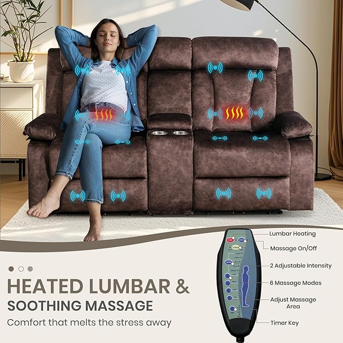 Power Reclining Loveseat with Heat & Massage, Dual Recliner Sofa with Console, Cup Holders, USB & Type-C Ports, 2 Seater Electric Reclining Couch for Living Room, RV (Brown, 2 Seat)
