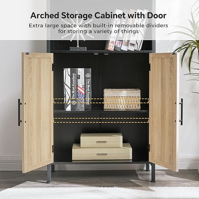 Arched Bookcase Book Shelf with Doors, 5 Tier Display Bookshelf Tall Cabinet with Storage, Industrial Floor Standing Bookshelves Open bookcases for Home Office, Living Room(Oak&Black)