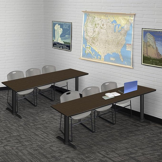 Regency Cain 84 x 24 in. Training Seminar Table – Durable T-Base Training Desk with Laminate Top, Scratch & Stain Resistant Surface, Rounded Corners (Neo Walnut, Black Base)