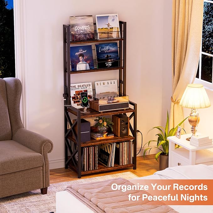 Record Player Stand with Power Outlet, 5-Tier Vinyl Record Storage Rack with Turntable Stand, LP Album Organizer & Display Rack, Media Storage Cabinet for Living Room Bedroom Music Corner