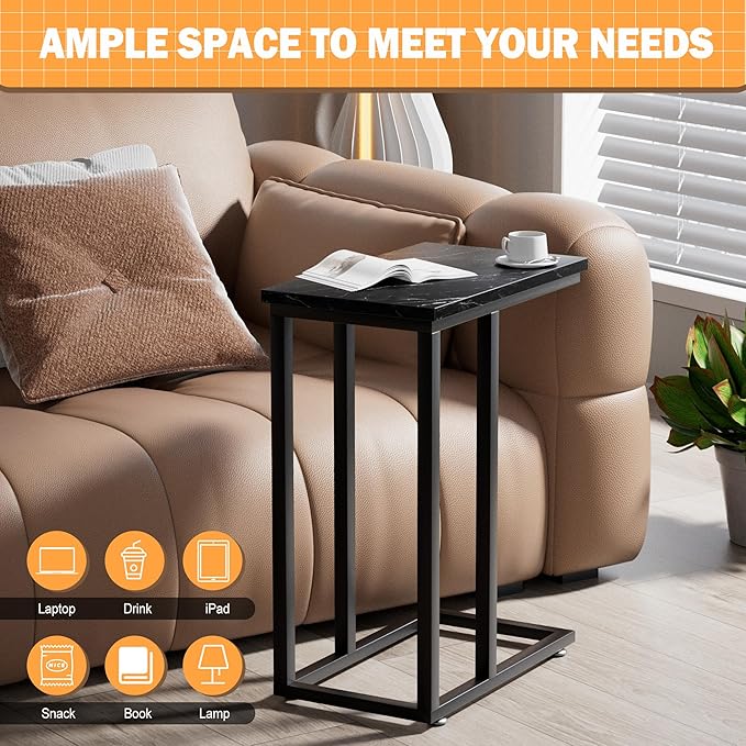 VECELO Universal C-Shaped Side Table, Multi-Functional Snack & TV Tray for Living Room, Bedroom, Black Marble (1 Set)