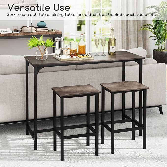 COSTWAY 3-Piece Dining Table Set, 47.5" Industrial Counter-Height Kitchen Table and 2 Bar Stools, High Top Rectangular Pub Table and Chairs for Dining Room Small Place Breakfast Nook Bistro (Grey)