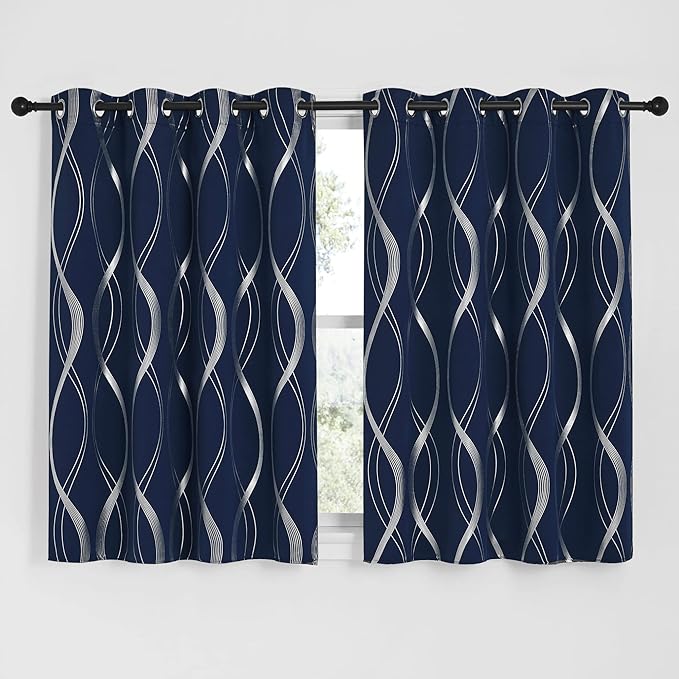 NICETOWN Navy Blue Blackout Curtains Panels for Bedroom, Microfiber Noise Reducing Thermal Insulated Wave Line Foil Print Design Blackout Curtains for Office, Classroom (2 Panels, 52 x 54 Inch)