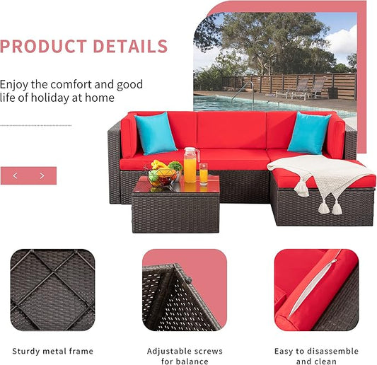 Shintenchi 5 Pieces Patio Furniture Sets Outdoor All-Weather Sectional Patio Sofa Set PE Rattan Manual Weaving Wicker Patio Conversation Set with Glass Table&Ottoman Cushion and Red Pillows, Red