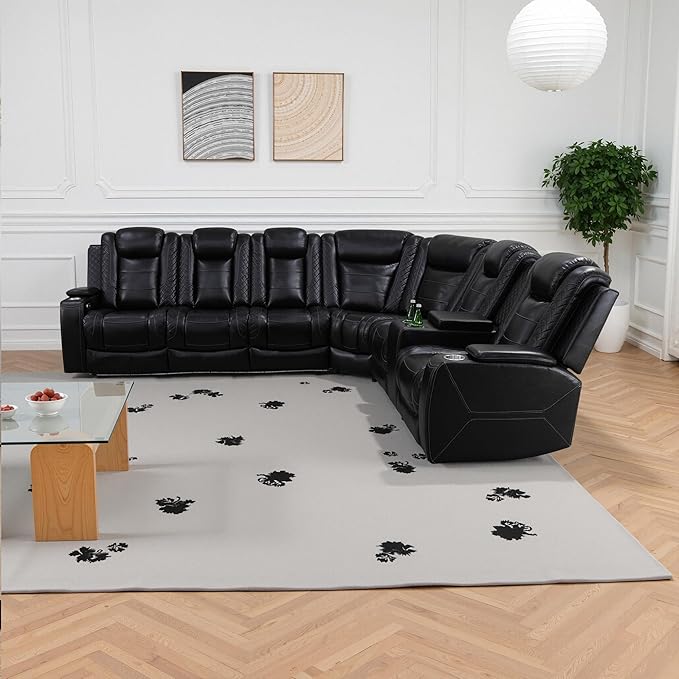 Power Recliner Sectional Sofa with LED Light, Breathing Leather Recliner Sofa Couch with USB Port/Cup Holder/Storage for Living Room (6 Seat Reclining Sectional Couch) (All Black Upgraded Version)