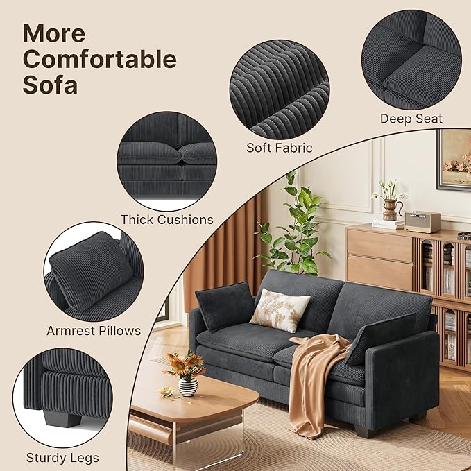Gizoon 75” Small Cloud Loveseat Couches for Living Room, 2 Seater Love Seat Sofa with Comfy Deep Seat, Small Washable Couches with Removable Corduroy Cover for Apartment, Grey