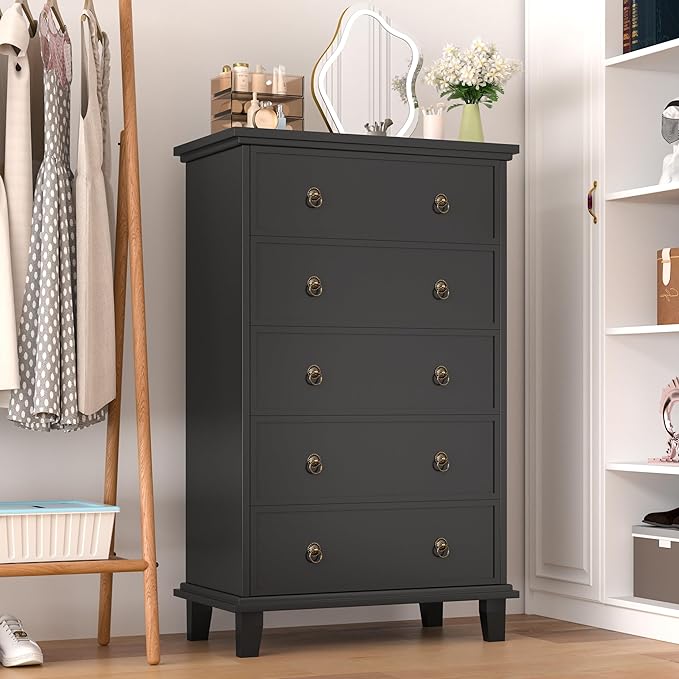 Black Dresser for Bedroom,Tall Dresser with Silent Drawer Slide,Wooden Chest of Drawers 5 Drawers,Storage Tower for Bedroom,Hallway, Entryway