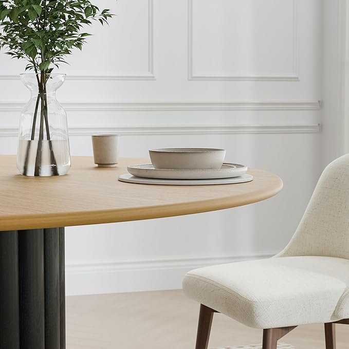 Casaphoria 52 Inch Round Wood Dining Table, Black Cylinder Base with Natural Wood Top, Two-Tone Style, Table for 6 People