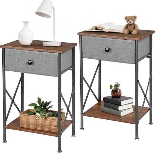 VECELO Night Stand Set of 2, Nightstand, Small End Table for Small Spaces, Wood Side Table for Living Room, Bedside Table with Drawer for Bedroom, Easy Assembly, Rustic Brown