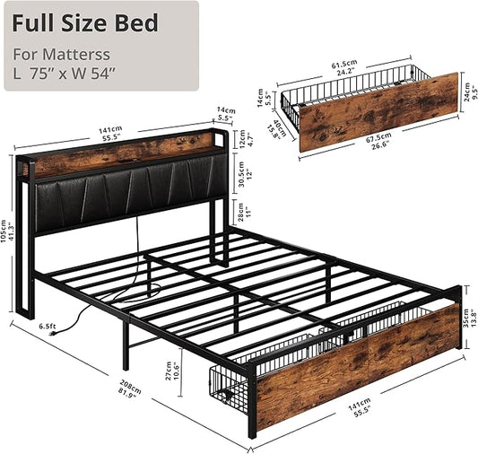 LIKIMIO Full Size Bed Frame, Storage Headboard with Charging Station, Platform Bed with Drawers, No Box Spring Needed, Easy Assembly, Vintage Brown and Black