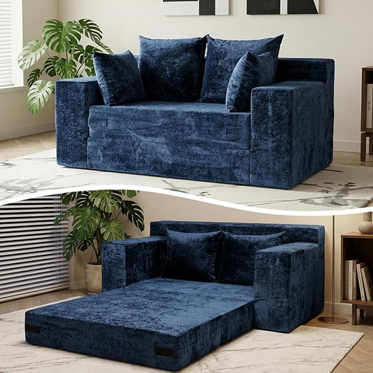 Boneless Loveseat Sleeper Sofa Bed, 3-in-1 Convertible Sofa Bed and Floor Futon Couch (Velvet-Blue, Loveseat (55"))