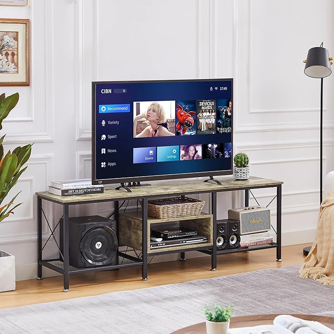 VECELO TV Stand with Power Outlets for 70 Inch Industria Media Entertainment Center with Charging Station, 3-Tier Open Shelves & Metal Frame for Living Room, Bedroom, 63 Inch, Grey