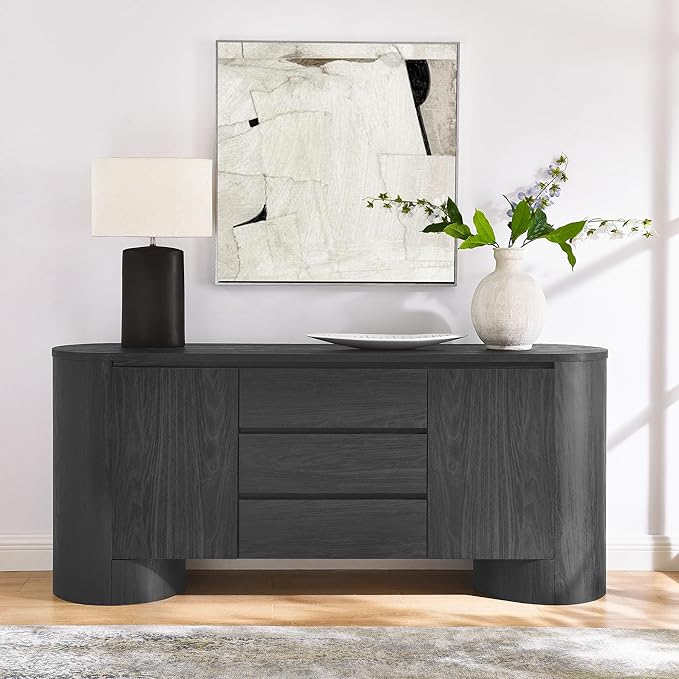 Modway Duval Oval Wood Grain 71 Inch Sideboard with Doors and Drawers in Black