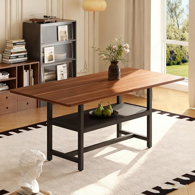 Dining Table, 71 inch Kitchen Table with Storage Shelf, Dinner Table with Black Textured Tabletop & Metal Legs, Minimalist Design for Family Gatherings, Fits Modern Home Decor, Walnut Black