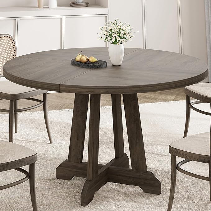 GarveeHome Round Dining Table for 4, 47 Inches Dining Room Table with Wooden Base, Kitchen Table with Circle Tabletop, Dinner Table for Dining Room, Kitchen, Living Room, Grey