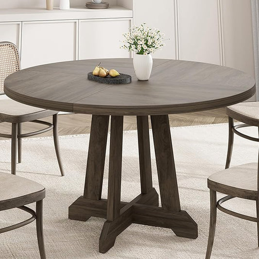 GarveeHome Round Dining Table for 4, 47 Inches Dining Room Table with Wooden Base, Kitchen Table with Circle Tabletop, Dinner Table for Dining Room, Kitchen, Living Room, Grey