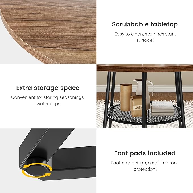 IDEALHOUSE Round Dining Table for 4, 38" Farmhouse Kitchen Table with 17.7" Storage, Small Circle Dinner Tables, Space Saving, Wood Kitchen & Dining Room Furniture for Dining Room, Apartmen, Brown