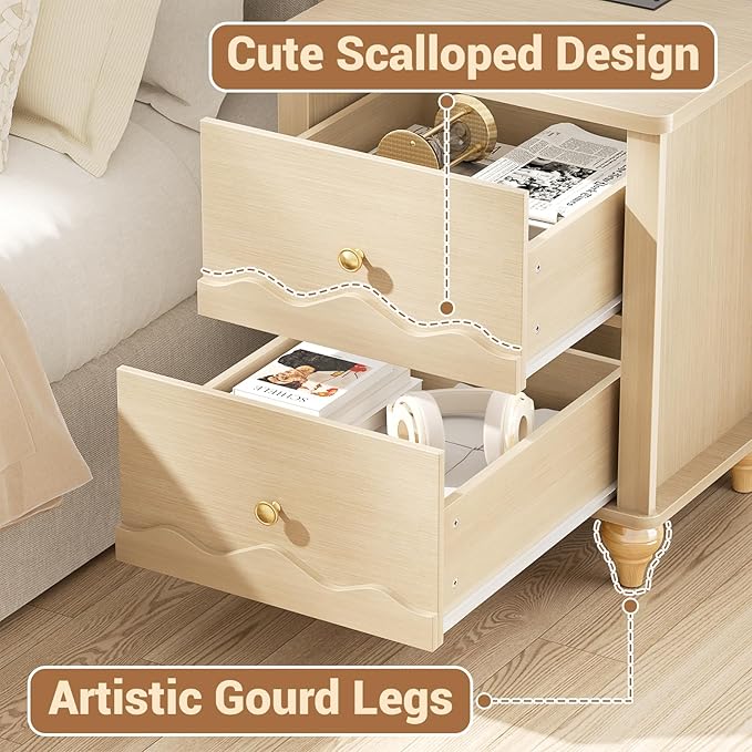 Cyclysio Natural Wood Nightstand with Charging Station, Scalloped Bedside Table with 2 Smooth Drawers, Modern End Table with Solid Wooden Legs for Bedroom and Small Spaces