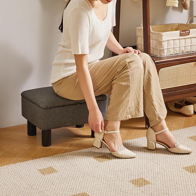 Linen Small Ottoman Foot Rest, Foot Stools with Storage Small, Upholstered Rectangle Wood Ottoman with Safety Hinge Flip Top, Bed Stool for Bedroom Dorm Light Gray YD-JD1364