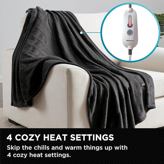 Brookstone Oversized Electric Heated Throw - Heated Blankets - 4 Heat Settings, 4-Hour Auto Shut Off, 100% Polyester, 50"x60" - Black