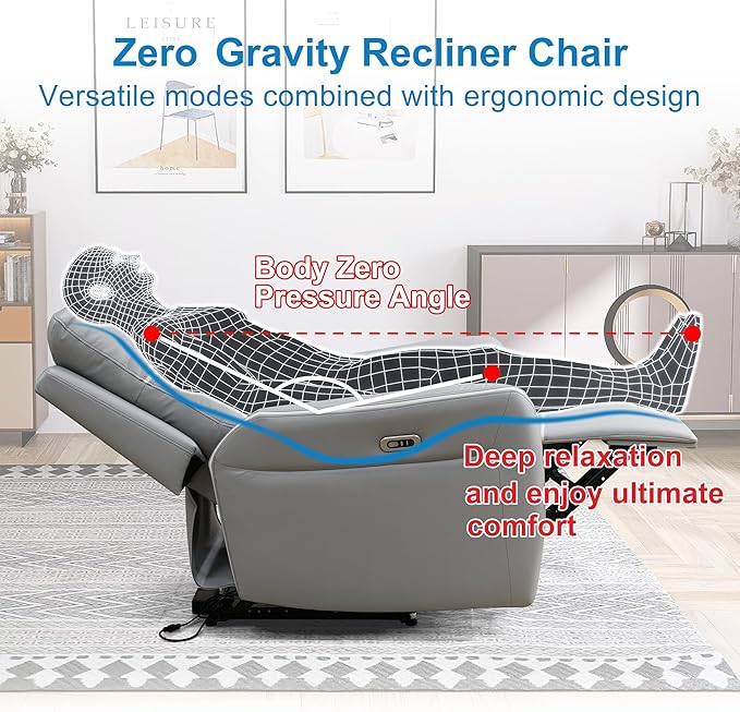 Power Recliner Sofa Set for Living Room, Breathing Leather Reclining Sofa with LED Lighting, Cup Holders, Storage Console&USB Port for Home Theater Seating (Light Grey)