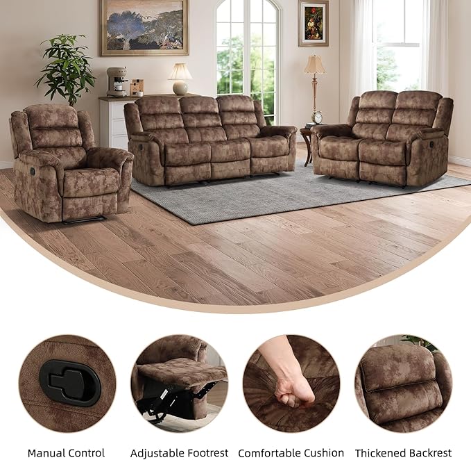 EBELLO 3 Pieces Reclining Living Room Set, Overstuffed Soft Fabric Manual Recliner, Loveseat Recliner and Bonded 3 Seat Reclining Couch Set for Living Room, Brown
