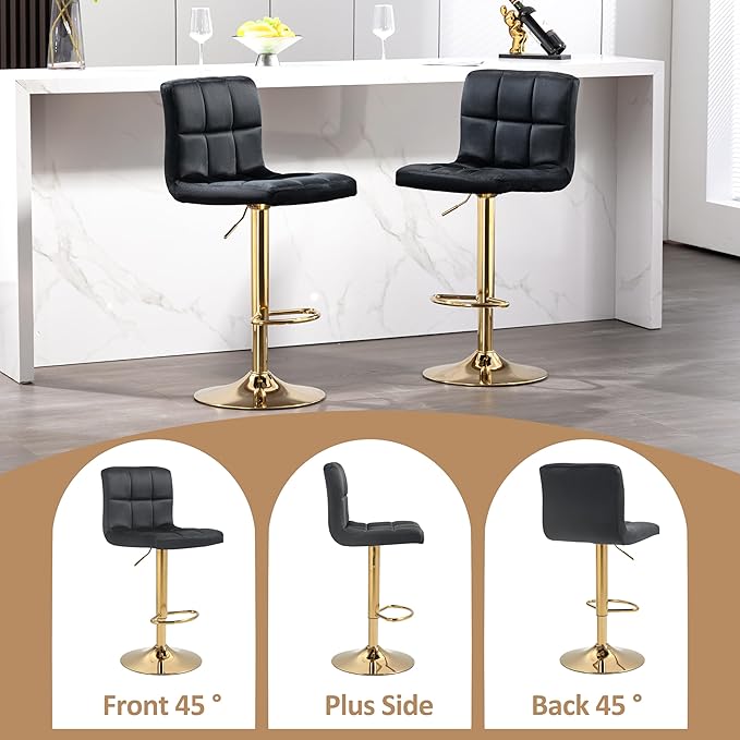 Finnhomy Gold Bar Stools Set of 2 Velvet Fabric, Swivel Barstools with Footrest and L Shape Thicken Cushion Back, Adjustable Armless Upholstered Modern Bar Chairs for Kitchen Island, Black