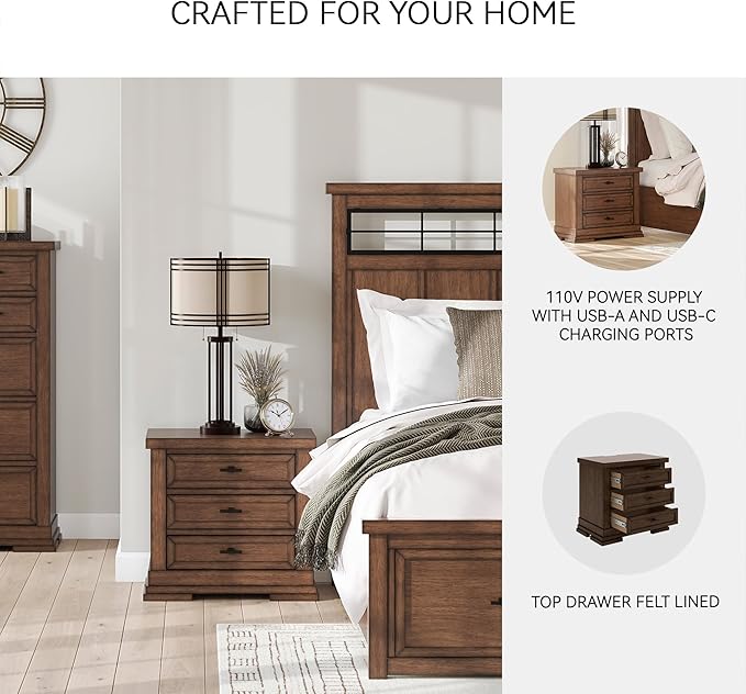 Signature Design by Ashley Taffenbrook Farmhouse 3-Drawer Nightstand with Felt-Lined Top Drawer, Power Supply and USB Ports, 28.5" W x 18.25" D x 26.5" H, Dark Brown