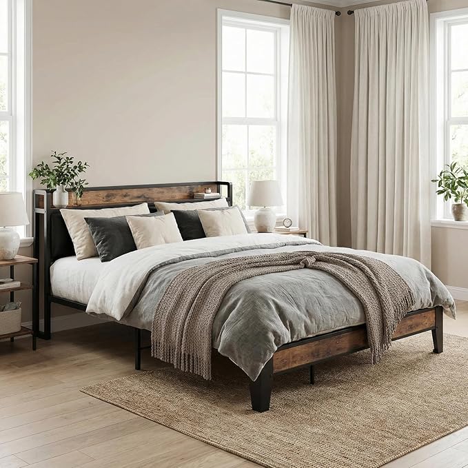 LIKIMIO California King Bed Frame, Storage Headboard with Charging Station, Solid and Stable, Noise Free, No Box Spring Needed, Easy Assembly (Vintage and Black)