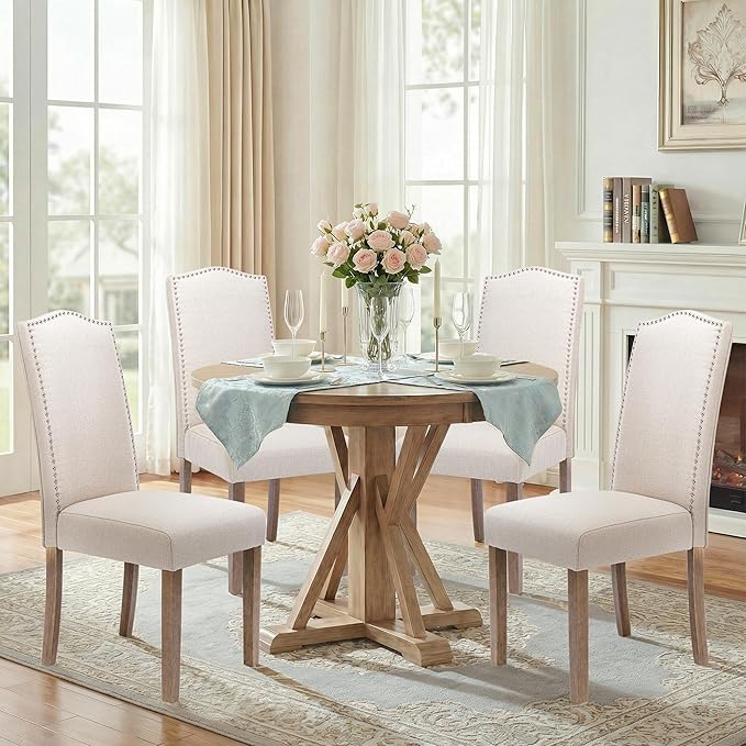 Upholstered Dining Chair Modern Stylish Parsons Kitchen Diner High Back with Silver Nailhead Trim & Wood Legs, Set of 2, Fabric Beige