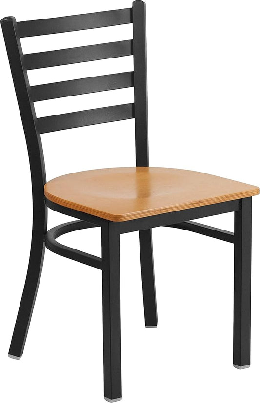 Flash Furniture HERCULES Series Black Ladder Back Metal Restaurant Chair - Natural Wood Seat