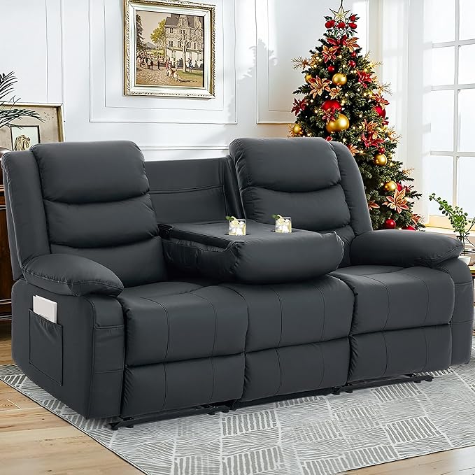 Korser Recliner Sofa, Reclining Loveseat with Console, Oversized Reclining Couch with Drop Down Table, 3-Seater Sofa with Cup Holder and Recessed Power Strip, Black