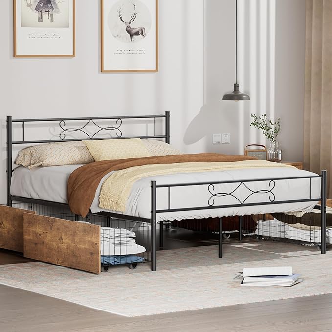 VECELO Queen Size Metal Platform Bed Frame with Headboard and 4 Storage Drawers/Steel Slat Support/No Box Spring Needed/Easy Assembly