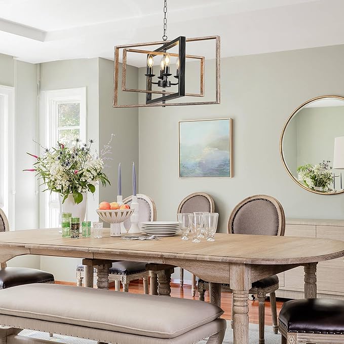 Farmhouse Wooden Chandeliers for Dining Room, 26 Inch Wood Chandelier, 4-Light Rustic Chandelier with Vintage Texture Metal Semi Flush Mount Ceiling Light for Kitchen Island Dining Room Foyer
