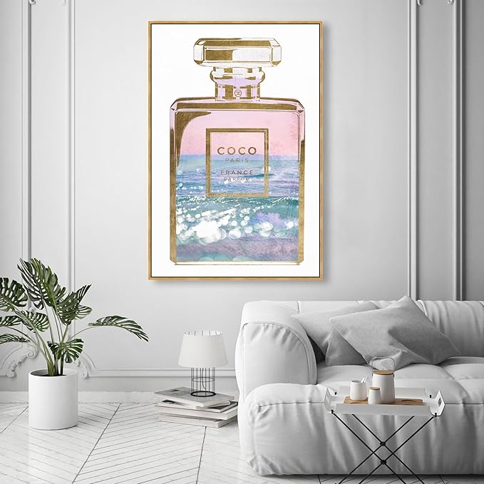 The Oliver Gal Artist Co. Fashion and Glam Wall Art Framed Canvas Prints Blush Ocean Spray Perfume Home Décor, 36" x 54", Gold Floater