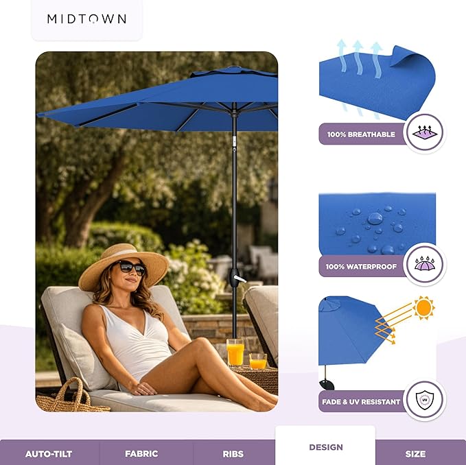Midtown Umbrellas - The Lean 8 Ft Patio Umbrella with Fade-Resistant Sunbrella Fabric, Auto-Tilt Aluminum Frame and 8 Reinforced Ribs for Deck, Pool & Garden - Dark Blue Canopy, Black Pole