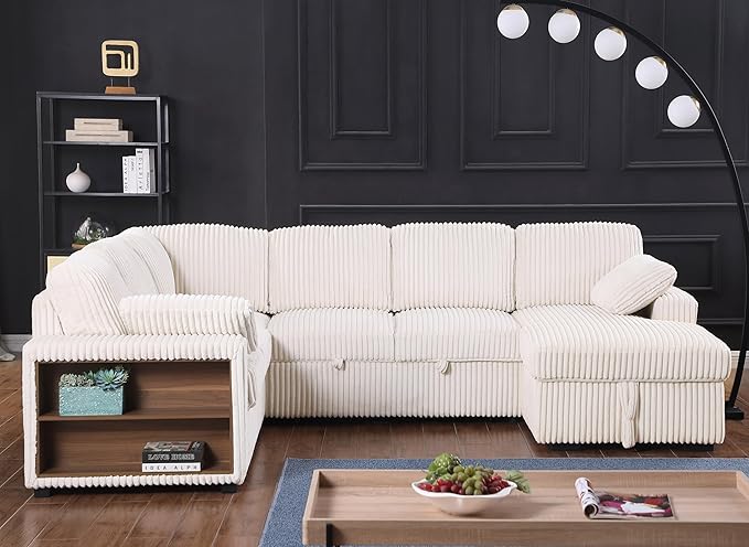 ERYE 117-Inch Oversized U-Shaped Pull Out Sleeper Couch Bed, Modern U Shaped Sleeper Sectional Sofa Corner Convertible Sofa Bed with Storage Chaise and Cabinet for Living Room
