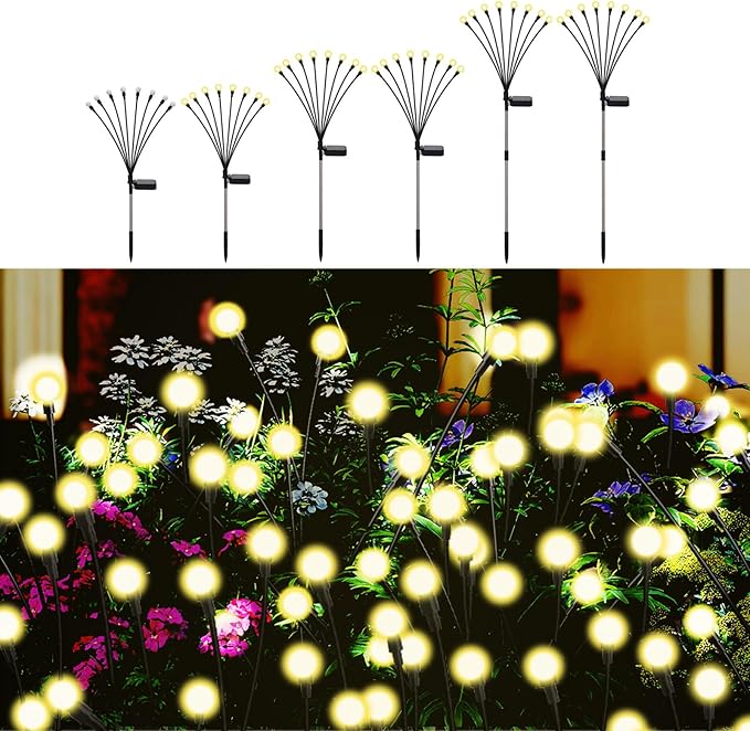 Swaying Solar Firefly Lights Outdoor, 8 Modes 800mAh Firefly Swaying Solar Garden Lights Waterproof for Outside Yard Patio Pathway Christmas Garden Decor Warm White(6 Pack)