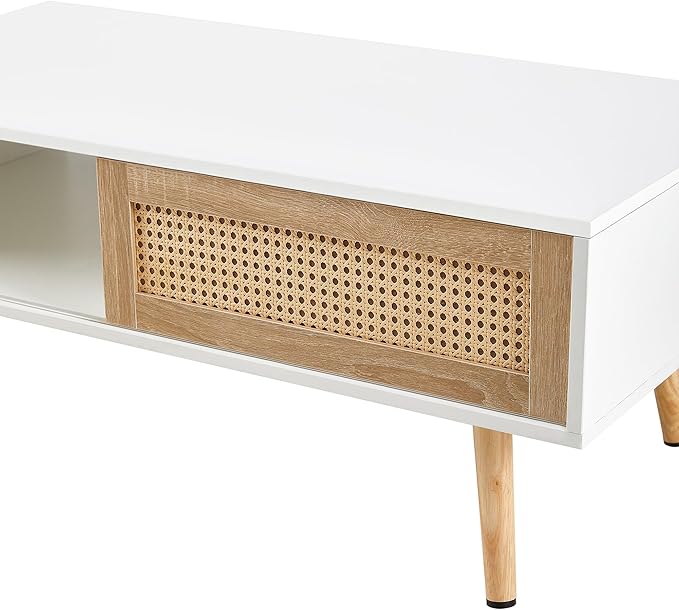 Ball & Cast 41.34“ Rattan Coffee Table with Storage, Wooden Center Table with Sliding Door and Solid Wood Legs, Morden Accent End Table Living Room Coffee Table,White