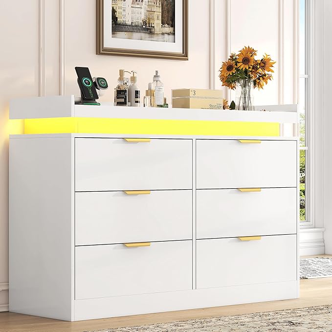 6 Drawer Dresser for Bedroom, White Dresser with LED Lights and Power Outlet, Wooden Dressers Chests of Drawers, Double Wide Dressers for Bedroom, Entryway, Hallway