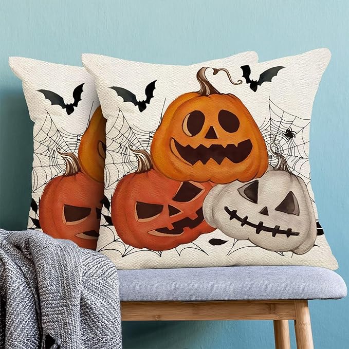 BETGINY Halloween Pillow Covers 18 x 18 Inch Pack of 2, White Pumpkin Bat Spider Web Decorative Throw Pillow Covers Vintage Linen Farmhouse Outdoor Halloween Pillowcase for Bedroom Home Sofa Decor