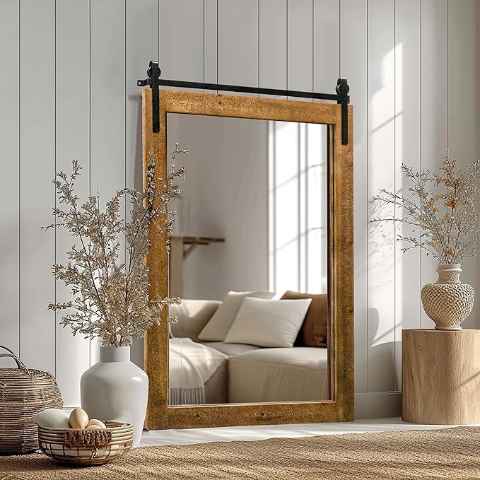 Farmhouse Barn Door Mirror, 25" x 38" Rustic Bathroom Mirror, Wood Framed Wall Mirrors, Rectangular Decor Mirrors for Living Room, Bedroom, Entryway, Brown