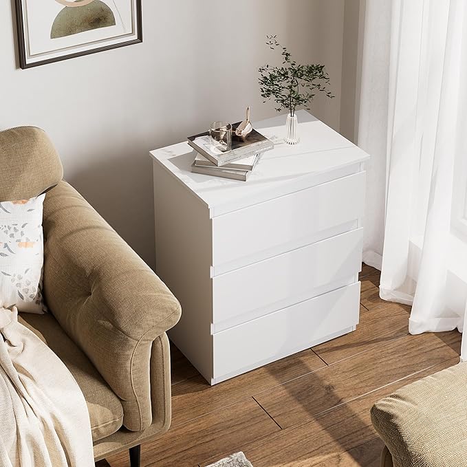 Bamjoy White Nightstand with 3 Drawers, Beside Table with Drawers for Bedroom, Small Side Table Storage Cabinet 3 Drawer Night Stand for Home Office, 18.0W x 14.0D x 24.8H Inches